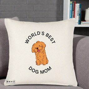 Cadou pentru Iubitorii de Caini - Perna Personalizata World's Best Dog Mom, 40x40 cm, Crem Reliefat, Husa Detasabila, Perna Inclusa, BEKZ®