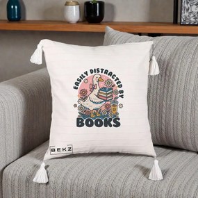 Perna Personalizata Easily Distracted by Books, 40x40 cm, Bej cu Franjuri, Husa Detasabila, Perna Inclusa, BEKZ®
