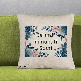 Cadou pentru Socri - Perna Personalizata Cei mai Minunati Socri cu Flori Albastre si Roz, 40x40 cm, Bej Canapea, Husa Detasabila, Perna Inclusa, BEKZ®