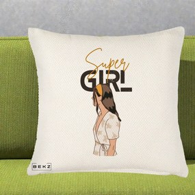 Perna Decorativa Super Girl Aesthetic, 40x40 cm, Crem Reliefat, Husa Detasabila, Perna Inclusa, BEKZ®