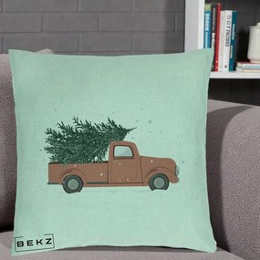 Perna Decorativa Camioneta Terracotta Brad de Craciun, 40x40 cm, Verde Menta, Husa Detasabila, Perna Inclusa, BEKZ®