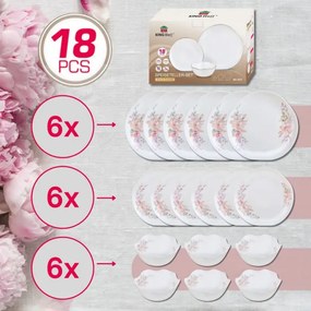 Set de masă Kinghoff KH 2035, 18 piese, pentru 6 persoane, sticlă opală, motiv floral, alb