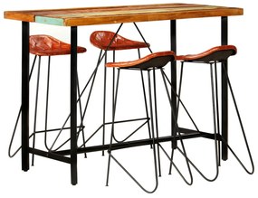 Set mobilier de bar, 5 piese, lemn reciclat si piele naturala 150 cm, 5, Lemn masiv reciclat