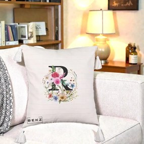 Cadou Personalizat - Perna Personalizata Monogram Litera R cu Flori Acuarela, 40x40 cm, Bej cu Franjuri, Husa Detasabila, Perna Inclusa, BEKZ®