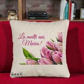 Cadou de Onomastica - Perna Personalizata La Multi Ani Maria Lalele, 40x40 cm, Bej Canapea, Husa Detasabila, Perna Inclusa, BEKZ®