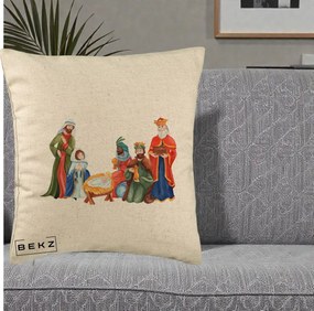 Perna Decorativa Nasterea Domnului Cei Trei Magi Acuarela, 40x40 cm, Bej, Husa Detasabila, Perna Inclusa, BEKZ®