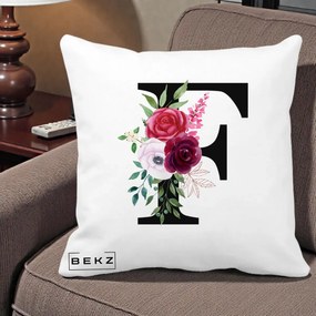 Cadou Personalizat - Perna Personalizata Monograma Florala Litera F, 40x40 cm, Alba Mata, Husa Detasabila, Perna Inclusa, BEKZ®