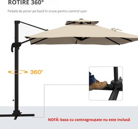 Outsunny Umbrelă de Soare cu Braț Înclinat în 6 Poziții cu Acoperiș pe 2 Niveluri, Umbrelă de Grădină din aluminiu și poliester, 294x294 cm, kaki | Aosom Romania