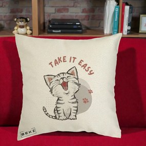Perna Personalizata Take It Easy Cat, 40x40 cm, Ecru, Husa Detasabila, Perna Inclusa, BEKZ®