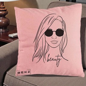 Perna Decorativa Beauty Girl Line Art, 40x40 cm, Roz, Husa Detasabila, Perna Inclusa, BEKZ®