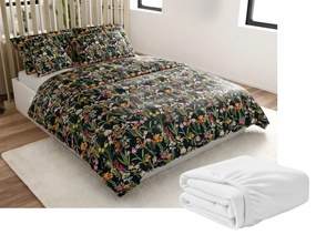 Set Lenjerie cocolino MYSTIC GARDEN verde inchis + Cearsaf Cocolino microplus cu elastic SOFT 180x200 cm alb, pat dublu