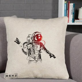 Perna Decorativa Astronaut Rock Sketching, 40x40 cm, Bej Canapea, Husa Detasabila, Perna Inclusa, BEKZ®
