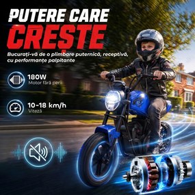 AIYAPLAY Motocicletă electrică pentru copii, stil Harley, 24 V, 6-12 ani, roți din cauciuc 30 cm, albastră | Aosom Romania