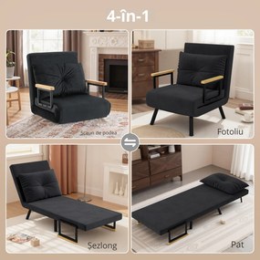 HOMCOM Canapea Extensibilă cu Spătar Reglabil pe 5 Nivele, Canapea Pat Individuală Pliabilă cu Perne, 63x73x81 cm, Negru | Aosom Romania