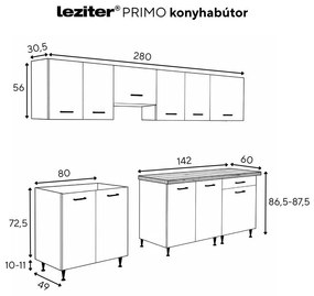 Unitate de bucătărie Primo 280 cu blat de lucru din stejar charlestone alb