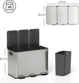 HOMCOM Coș de Gunoi cu 3 Compartimente de 20L, cu Pedală și Capace Silențioase, Ideal pentru Organizare, Dimensiuni 61,9x36,6x56,7 cm, Argintiu | Aosom Romania