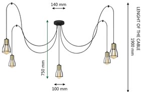 Lustră pe cablu TUBE 5xE27/15W/230V negru/auriu