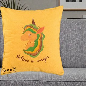 Perna Decorativa Unicorn Believe in Magic, 40x40 cm, Galben, Husa Detasabila, Perna Inclusa, BEKZ®