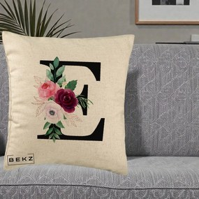 Cadou Personalizat - Perna Personalizata Monograma Florala Litera E, 40x40 cm, Bej, Husa Detasabila, Perna Inclusa, BEKZ®