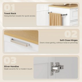 Cărucior de Bucătărie HOMCOM cu Sertar, Dulap, Suport pentru Prosoape și 3 Suporturi pentru Condimente, din Lemn, 62x40x87 cm, Alb | Aosom Romania