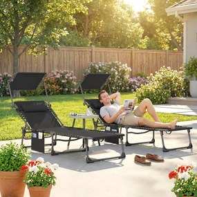 Outsunny Set de 2 șezlonguri pliabile cu suport pentru cap parasolar buzunar lateral și spătar reglabil în 5 poziții negru | Aosom Romania