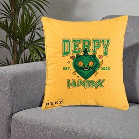 Perna Personalizata K-pop HUNTRX Derpy Pisica Albastra, 40x40 cm, Galben, Husa Detasabila, Perna Inclusa, BEKZ®