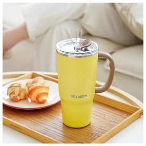 Pahar termo cu pai incorporat Buydeem DS57-MY, 700 ml, Cald/rece pana la 6 ore, Vid, Maner, Otel inoxidabil, Fara BPA, Galben