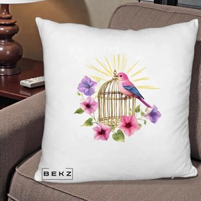 Perna Decorativa Pasare Roz pe Colivie Aurie cu Flori, 40x40 cm, Alb Pufos, Husa Detasabila, Perna Inclusa, BEKZ®