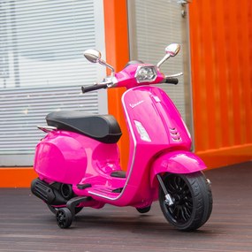 AIYAPLAY Motocicletă electrică pentru copii cu licență Vespa, roți ajutătoare, far și muzică, PP și metal, 107x47x73 cm, Roz | Aosom Romania