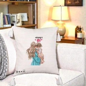 Cadou pentru Mama - Perna Personalizata Mommy's Girl Mama si Fetita, 40x40 cm, Bej cu Franjuri, Husa Detasabila, Perna Inclusa, BEKZ®