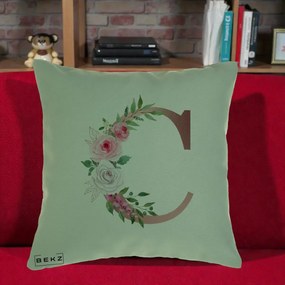 Cadou Personalizat - Perna Personalizata Monograma Rose Gold Litera C, 40x40 cm, Verde, Husa Detasabila, Perna Inclusa, BEKZ®