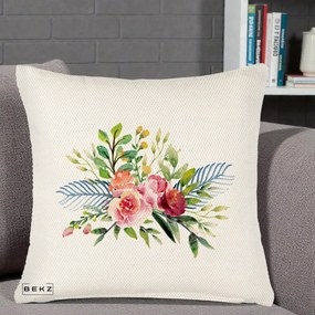 Perna Decorativa Buchet Flori Acuarela Roz-Verde, 40x40 cm, Crem Reliefat, Husa Detasabila, Perna Inclusa, BEKZ®