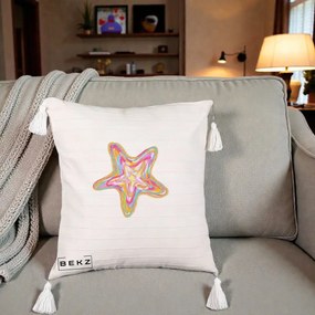 Perna Decorativa Stea de Mare Colorata Psiheledic, 40x40 cm, Bej cu Franjuri, Husa Detasabila, Perna Inclusa, BEKZ®