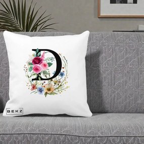 Cadou Personalizat - Perna Personalizata Monogram Litera D cu Flori Acuarela, 40x40 cm, Alba Mata, Husa Detasabila, Perna Inclusa, BEKZ®