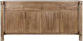 Bufet din lemn de ulm reciclat, natur, cu 4 uși, 4 sertare și îmbinări din lemn la vedere, aspect rustic, finisaj natural, 90 x 183 x 55 cm, „Castrel”