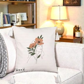 Perna Decorativa Portret Feminin Doua Maci Terracotta, 40x40 cm, Bej cu Franjuri, Husa Detasabila, Perna Inclusa, BEKZ®