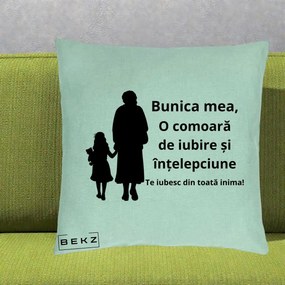 Cadou pentru Bunica - Perna Personalizata Bunica Mea Comoara Iubire Intelepciune Silueta, 40x40 cm, Verde Menta, Husa Detasabila, Perna Inclusa, BEKZ®