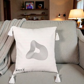 Perna Decorativa Abstract Linii Organice, 40x40 cm, Bej cu Franjuri, Husa Detasabila, Perna Inclusa, BEKZ®