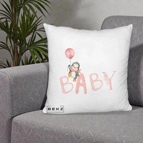 Perna Personalizata Baby Pinguin Roz, 40x40 cm, Alb Pufos, Husa Detasabila, Perna Inclusa, BEKZ®