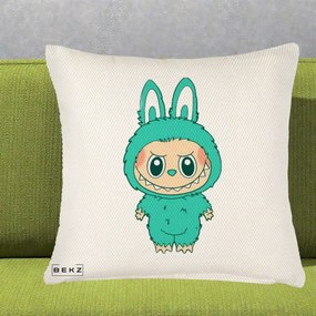 Perna Personalizata Labubu Turcoaz, 40x40 cm, Crem Reliefat, Husa Detasabila, Perna Inclusa, BEKZ®
