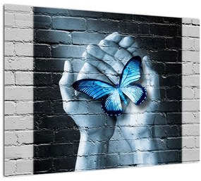 Tablou pe sticlă cu flutere albastru pe perete (70x50 cm)