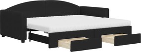 vidaXL Pat de zi cu extensie și sertare, negru, 90x190cm, textil