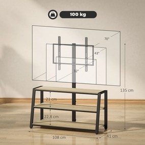 HOMCOM Mobilier TV cu suport pentru televizoare de la 32 la 70 de inci, rafturi deschise, unghi ajustabil 35°, 108x41x135cm, efect lemn natural | Aosom Romania