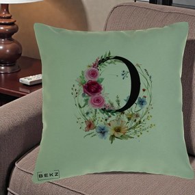 Cadou Personalizat - Perna Personalizata Monogram Litera O cu Flori Acuarela, 40x40 cm, Verde, Husa Detasabila, Perna Inclusa, BEKZ®