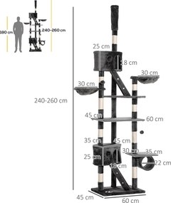 PawHut Ansamblu de Joacă de Tavan pentru Pisici Multinivel cu Înălțime Reglabilă 240-260 cm, cu Cuști și Scări, Gri | Aosom Romania