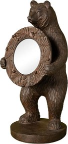 Oglindă de masă din rășină, maro, urs în picioare ținând o oglindă rotundă, ramă cu frunze în relief, finisaj antichizat, 37 x 17 x 16,5 cm, „Brienz”