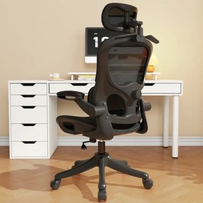 RESIGILAT- Scaun ergonomic cu șezut din plasă și suport lombar dinamic, tetiera 3D, cotiere rabatabile, Negru