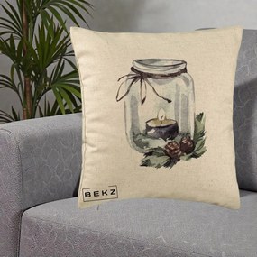 Perna Decorativa Felinar cu Lumanare si Conuri, 40x40 cm, Bej, Husa Detasabila, Perna Inclusa, BEKZ®