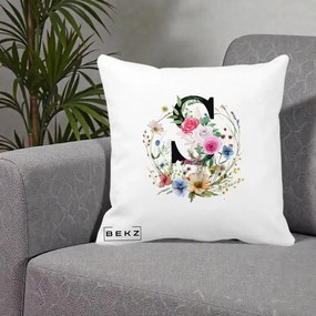 Cadou Personalizat - Perna Personalizata Monogram Litera S cu Flori Acuarela, 40x40 cm, Alba Mata, Husa Detasabila, Perna Inclusa, BEKZ®