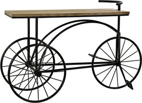 Consolă hol vintage din metal și lemn, negru și natur, cu bază în formă de tricicletă, ghidon și roți cu spițe, 82 x 128 x 40 cm, „Bycicle”